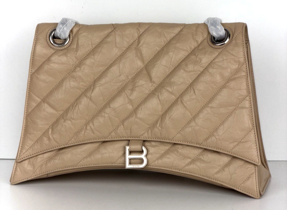 Balenciaga Large Crush Quilted Leather Chain Shoulder Bag in Light Taupe B3